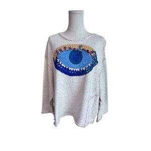 MICartsy Grey Women's casual cotton sweatshirt crochet blue eye design large